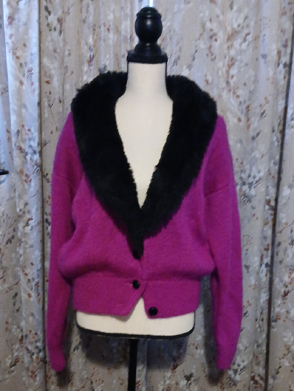 Fuchsia Button-Front Cardigan with Black Faux Fur Collar
